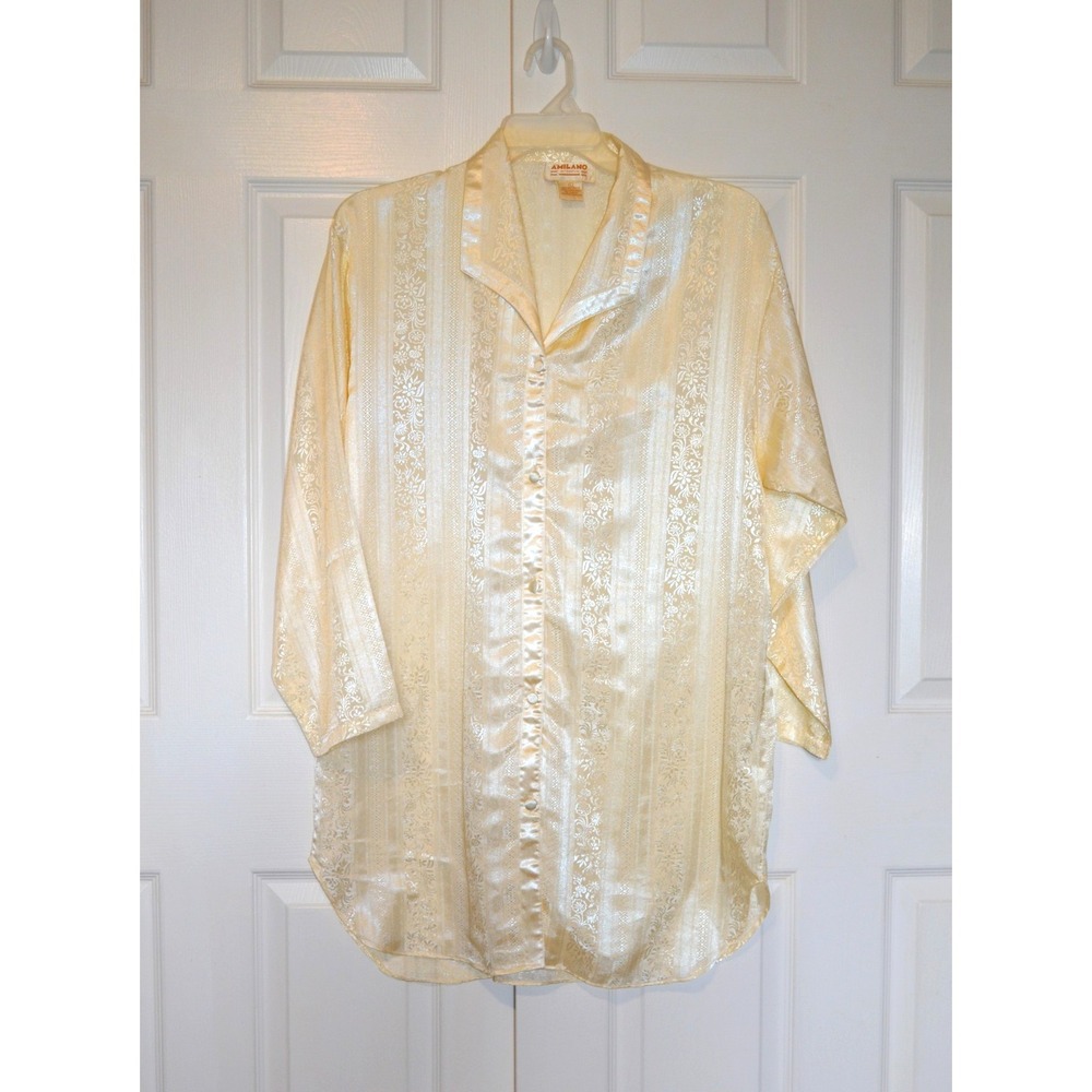 Vintage A'milano Intimates Nightie Shirt Womens L Ivory Satin Button Lightweight